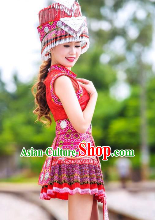 Guizhou Yao Minority Folk Dance Red Short Dress China Traditional Ethnic Women Clothing with Hat