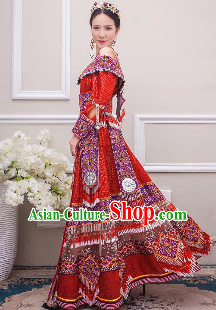 Traditional Yunnan Miao Minority Wedding Red Dress China Ethnic Bride Clothing with Hair Accessories