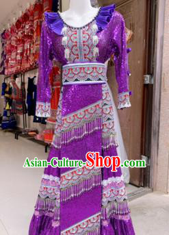 Traditional China Hmong Bride Costumes Yunnan Mengzi Ethnic Clothing Miao Minority Women Purple Long Dress