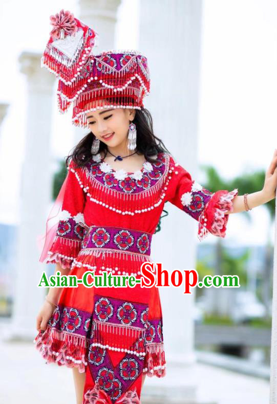 China Ethnic Beauty Clothing Miao Minority Traditional Festival Folk Dance Costume Bride Red Dress and Headwear
