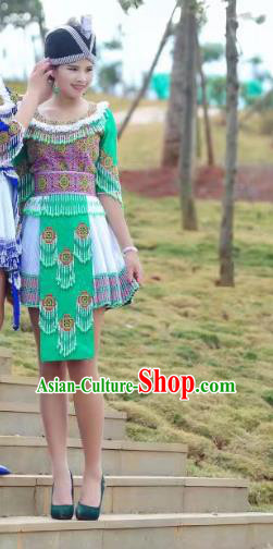 China Yunnan Minority Costumes with Hat Yao Ethnic Women Clothing Green Blouse and Short Skirt Outfits