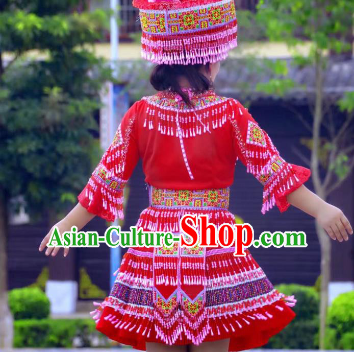 China Yunnan Miao Minority Folk Dance Costumes Ethnic Women Clothing Red Blouse and Short Skirt Outfits with Headwear