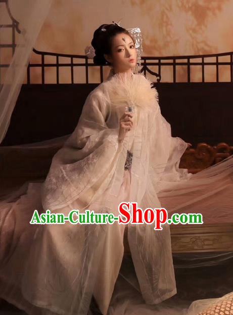 Chinese Ancient Goddess White Hanfu Dress Traditional Jin Dynasty Royal Princess Costumes and Hair Accessories
