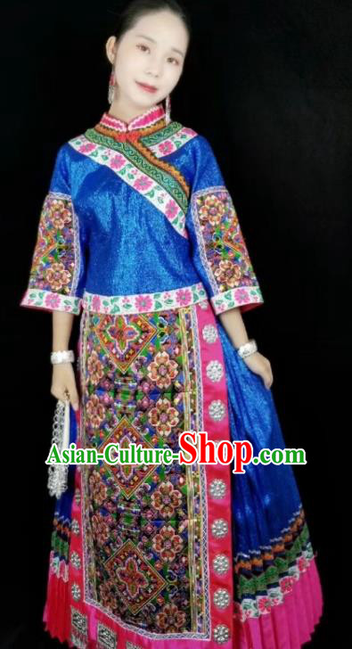 China Traditional Minority Stage Performance Apparels Ethnic Bride Clothing Miao Nationality Embroidered Blue Blouse and Skirt with Headdress
