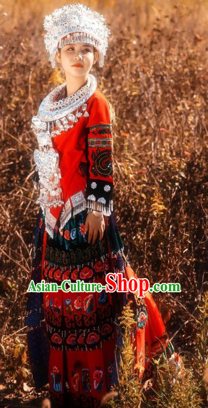 China Miao Ethnic Bride Clothing Traditional Nationality Lusheng Festival Embroidered Red Blouse and Skirt with Headdress Minority Stage Performance Apparels