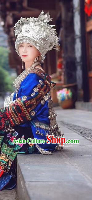 China Leishan Miao Ethnic Bride Clothing Traditional Guizhou Nationality Minority Festival Embroidered Blue Blouse and Skirt with Headdress