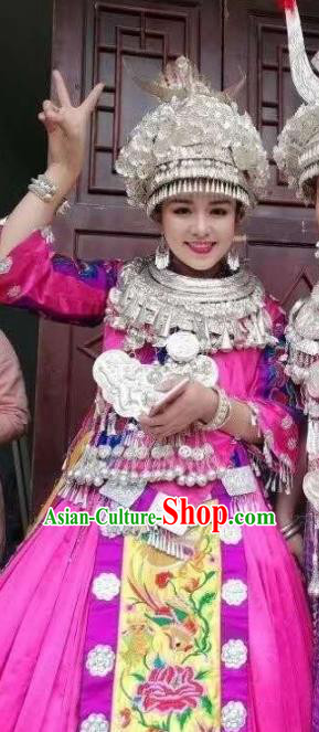 China Nationality Minority Folk Dance Rosy Blouse and Skirt Clothing Traditional Miao Ethnic Women Apparels with Headpieces