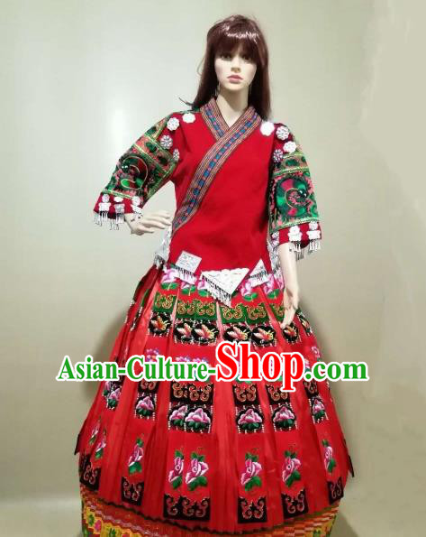 China Traditional Hmong Women Apparels Embroidered Red Blouse and Skirt Miao Nationality Minority Folk Dance Costumes Ethnic Wedding Clothing