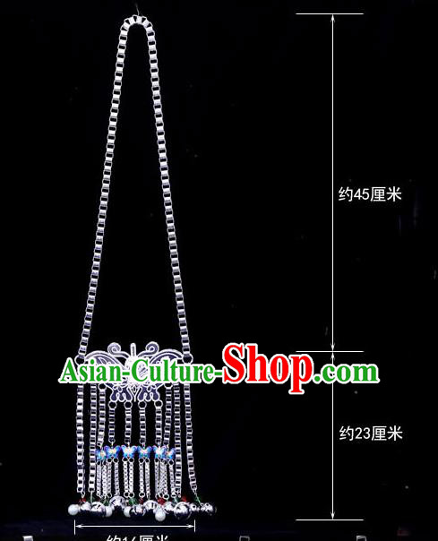 China Traditional Miao Silver Blueing Butterfly Necklace Dong Ethnic Jewelry Accessories Minority Bells Tassel Necklet