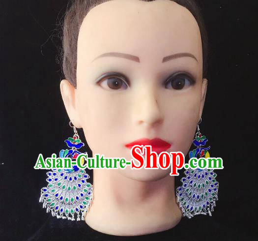 China Nationality Handmade Blueing Peacock Earrings Hmong Guizhou Miao Ethnic Minority Ear Accessories