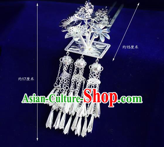 Chinese Miao Nationality Tassel Hairpins Traditional Minority Hair Accessories Ethnic Women Folk Dance Butterfly Hair Stick
