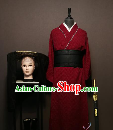 China Drama Ancient Swordsman Red Clothing Three Kingdoms Lv Bu Male Costumes and Bamboo Hat