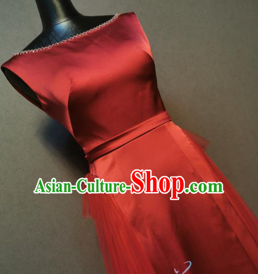 Compere Full Dress Evening Wear Annual Meeting Costumes Bride Toast Wine Red Veil Bubble Dress