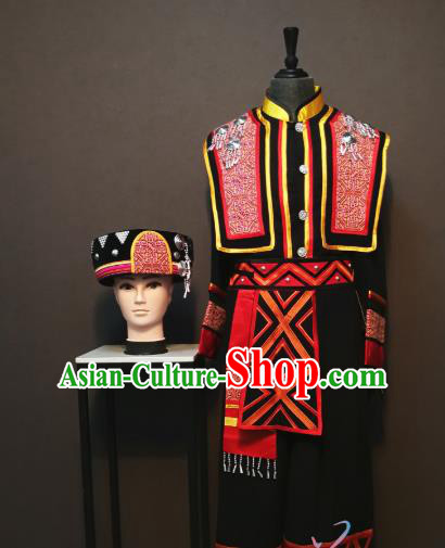 China Traditional Guizhou Miao Nationality Costumes Xiangxi Ethnic Folk Dance Clothing Minority Men Black Vest Shirt Pants and Headdress