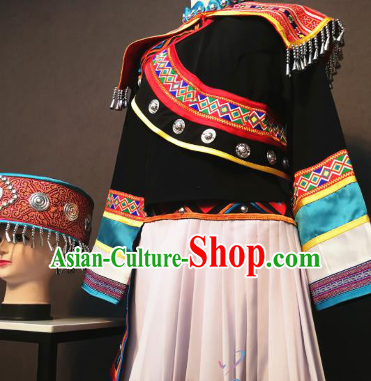 China Traditional Nationality Minority Costumes Sibo Ethnic Folk Dance Clothing Women Black Blouse and Skirt with Headdress
