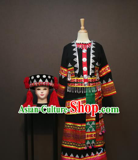 China Traditional Tujia Nationality Costumes Dai Minority Women Black Blouse and Skirt Ethnic Folk Dance Clothing with Headdress