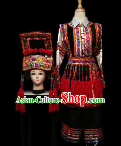 China Traditional She Nationality Costumes Ethnic Folk Dance Clothing Xiangxi Yi Minority Women Top and Skirt with Hat
