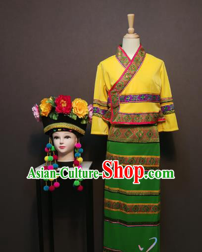 China Traditional Blang Nationality Yellow Blouse and Green Skirt Outfits Minority Festival Women Costumes Yunnan Ethnic Folk Dance Clothing with Hat