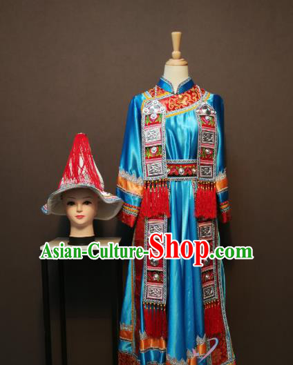 China Traditional Yugu Nationality Blue Dress Minority Festival Women Costumes Yunnan Yughurs Ethnic Folk Dance Clothing and Hat