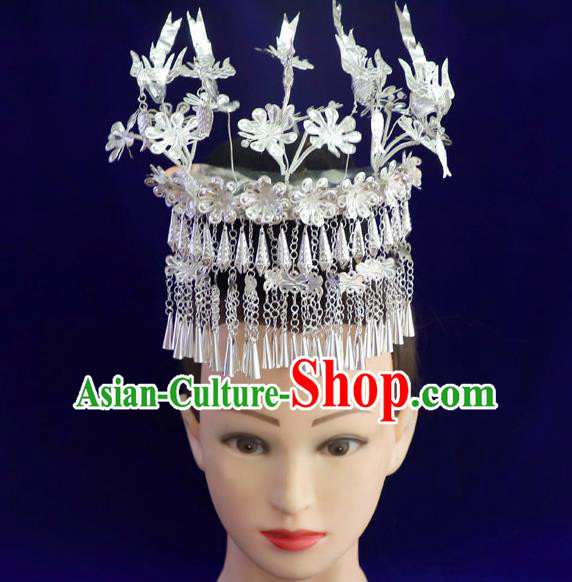 Chinese Ethnic Women Hair Accessories Guizhou Miao Nationality Tassel Hairpins Silver Five Birds Hair Crown