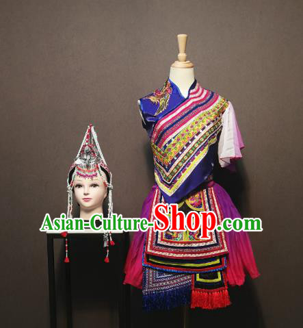Custom China Traditional She Ethnic Folk Dance Clothing Minority Women Costumes She Nationality Embroidered Blue Blouse and Skirt and Headpieces