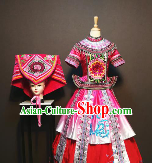 Custom China Traditional Zhuang Ethnic Folk Dance Clothing Guangxi Minority Women Costumes Nationality San Yue San Festival Rosy Embroidered Dress and Headdress