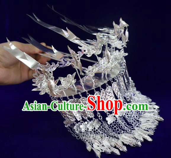 Chinese Miao Ethnic Women Hair Accessories Guizhou Miao Nationality Silver Five Birds Hair Crown Tassel Hairpins