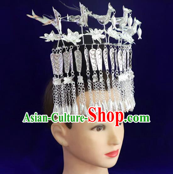 Chinese Miao Ethnic Women Hair Accessories Guizhou Miao Nationality Silver Five Birds Hair Crown Tassel Hairpins