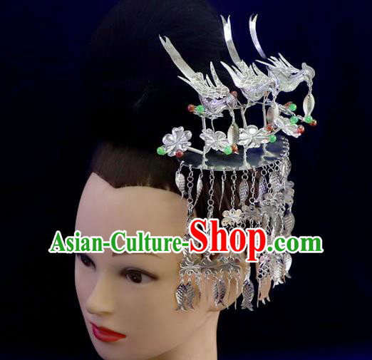Chinese Traditional Minority Festival Hair Accessories Ethnic Fish Tassel Hair Stick Miao Nationality Three Birds Colorful Beads Hairpins