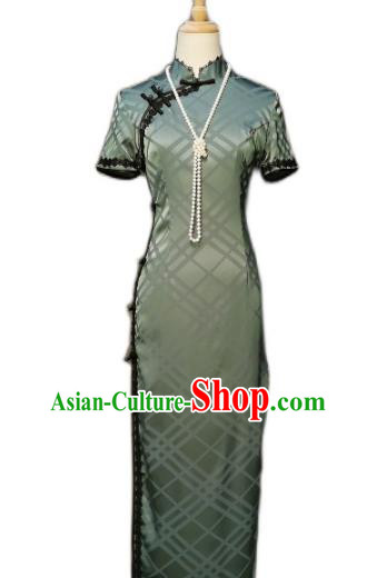 China Stage Performance Green Silk Qipao Dress Classical Dance Costume Women Cheongsam