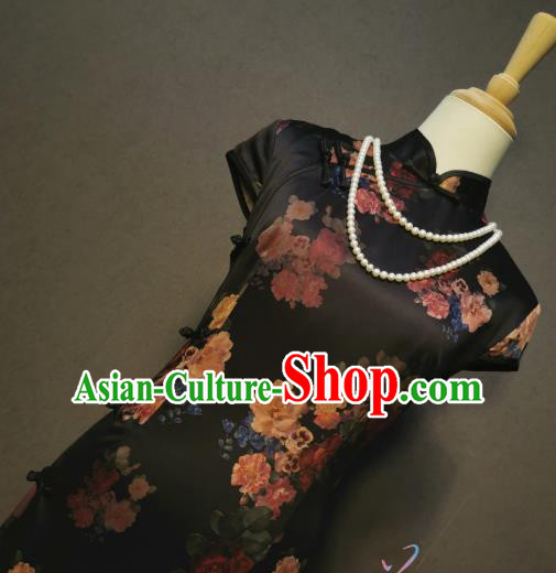 China Printing Peony Black Silk Qipao Dress Classical Dance Costume Women Stage Performance Cheongsam