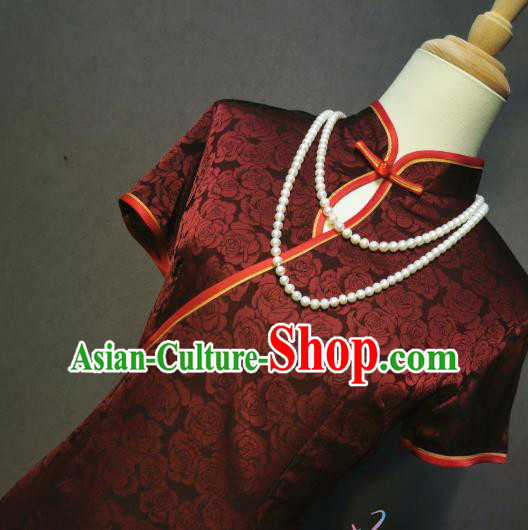 China Rose Pattern Wine Red Silk Qipao Dress Classical Dance Costume Mother Wedding Cheongsam