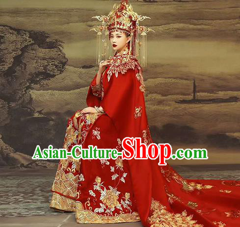 Chinese Wedding Embroidered Red Hanfu Dress Traditional Costumes Bride Xiuhe Suits with Cloak and Headdress Complete Set