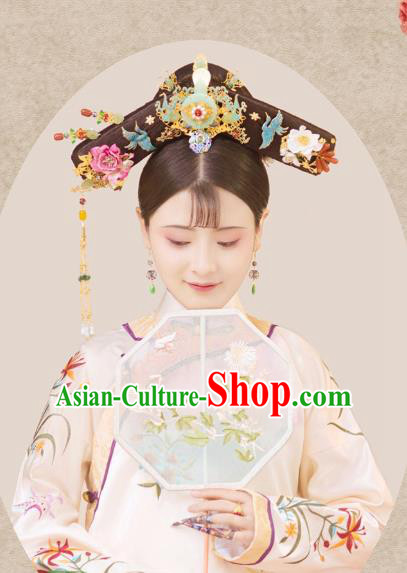 Chinese Qing Dynasty Manchu Princess Costumes Traditional Ancient Court Lady Embroidered Orchids Dress and Headpieces