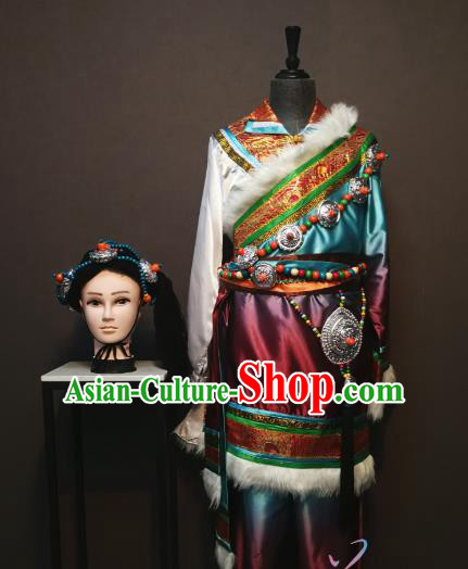 Custom China Traditional Zang Ethnic Men Clothing Minority Folk Dance Costumes Tibetan Nationality Water Sleeve Robe and Headwear