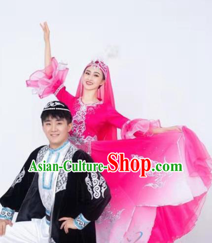 Custom China Xinjiang Ethnic Bride Clothing Traditional Minority Folk Dance Costumes Kazak Nationality Rosy Dress and Hat
