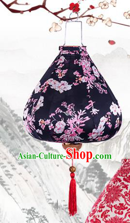 Handmade Chinese Printing Flowers Black Palace Lanterns Traditional New Year Lantern Classical Festival Cloth Lamp