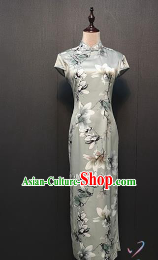 Custom Shanghai Mother Silk Cheongsam Drama Performance Clothing Republic of China Magnolia Pattern Gray Qipao Dress