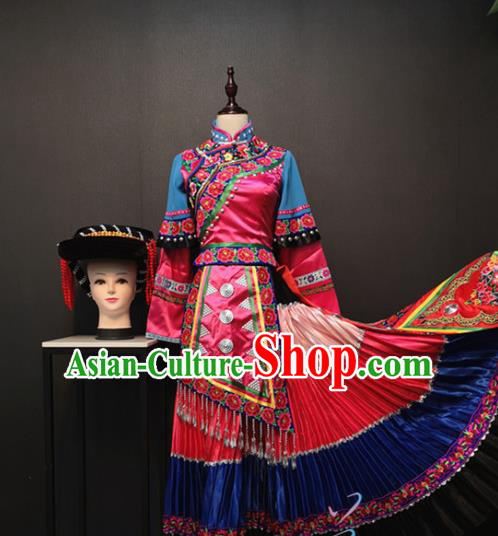 Custom Yi Nationality Rosy Blouse and Long Skirt China Ethnic Folk Dance Clothing Traditional Minority Women Costumes and Hat