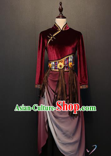 Custom China Ethnic Clothing Zang Nationality Folk Dance Dress Traditional Tibetan Minority Wine Red Velvet Costumes