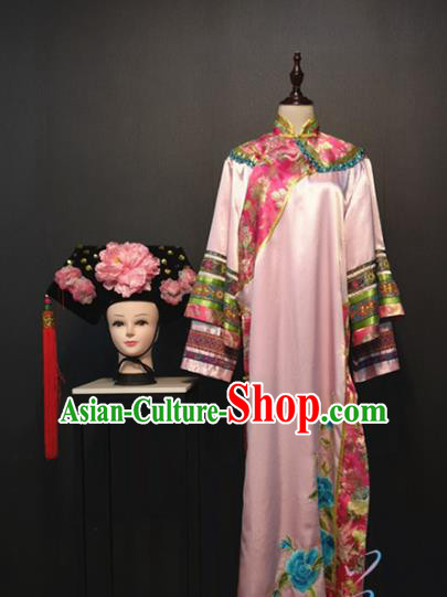Chinese Qing Dynasty Palace Lady Clothing Traditional Stage Performance Pink Dress Ancient Manchu Princess Costume and Headdress