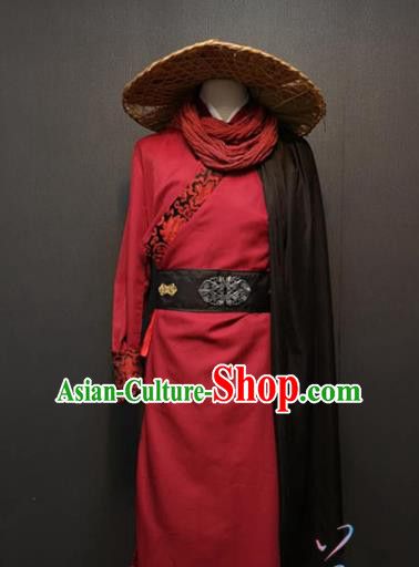 China Ancient Swordsman Red Clothing Drama Ming Dynasty Hero Costume and Bamboo Hat for Men