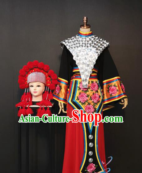 Custom China Miao Ethnic Bride Clothing Hmong Nationality Folk Dance Black Blouse and Skirt Traditional Minority Wedding Costumes and Red Hat