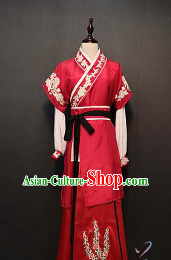 China Ancient Servant Girl Red Dress Traditional Drama Ming Dynasty Swordswoman Costume