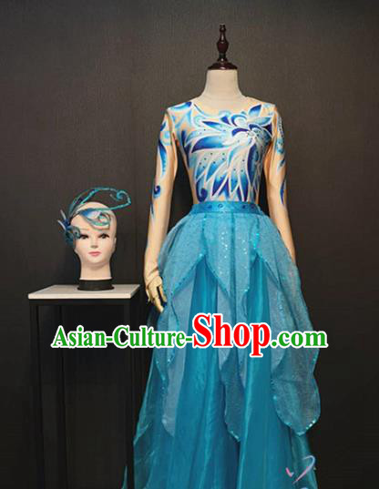 Top Opening Dance Blue Veil Dress Traditional Modern Dance Clothing Stage Performance Costume and Headpiece