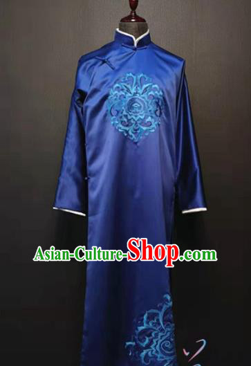 Republic of China Traditional Royalblue Gown Cross Talk Stage Performance Costume Bridegroom Clothing for Men