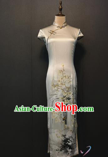 Top Grade Compere Printing Silk Qipao Dress Stage Performance Clothing Classical Cheongsam