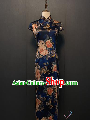 Republic of China Custom Cheongsam Women Clothing Shanghai Classical Printing Peony Deep Blue Silk Qipao Dress