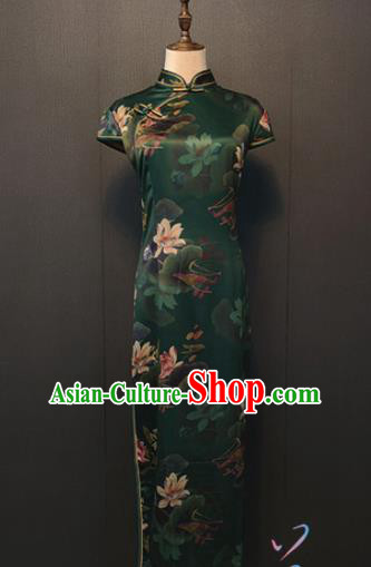 Custom Cheongsam Top Quality Republic of China Shanghai Women Clothing Classical Printing Lotus Deep Green Silk Qipao Dress