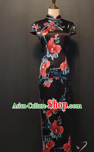 Republic of China Traditional Printing Camellia Black Silk Cheongsam Custom Clothing Classical Shanghai Women Qipao Dress